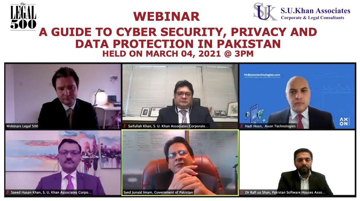 Saifukhan2003's tweet image. I am delighted to speak in a webinar, today, organized jointly by my firm (S. U. Khan Associates Corporate &amp;amp; Legal Consultants) and the Legal 500 of UK. The title of the webinar was “A Guide to Cyber Security, Privacy and Data Protection in Pakistan”. #Data_Privacy
