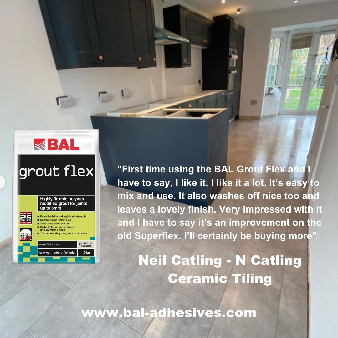 BALtiling's tweet photo. Have you tried new BAL Grout Flex or Grout Flex Wide Joint yet?
@ncatling_ceramic_tiling has - check out his great review!
#tiles #tiling #baltiling #GroutFlex #KnockOutFinish #grout https://t.co/0NsuVPyPfB