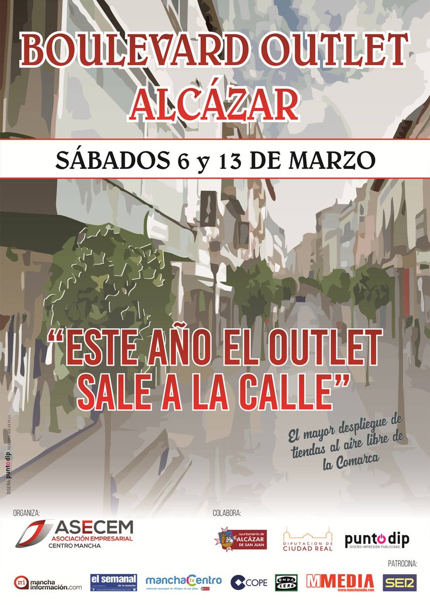 alcazar_turismo's tweet photo. Una nueva oportunidad de acercarse al comercio de #AlcázardeSanJuan. Los sábado 6 y 13 de marzo Outlet, oportunidades a pie de calle. #EsCalidad #EsComercio #EsAlcázar #tancerca https://t.co/n8X6U5kWVQ