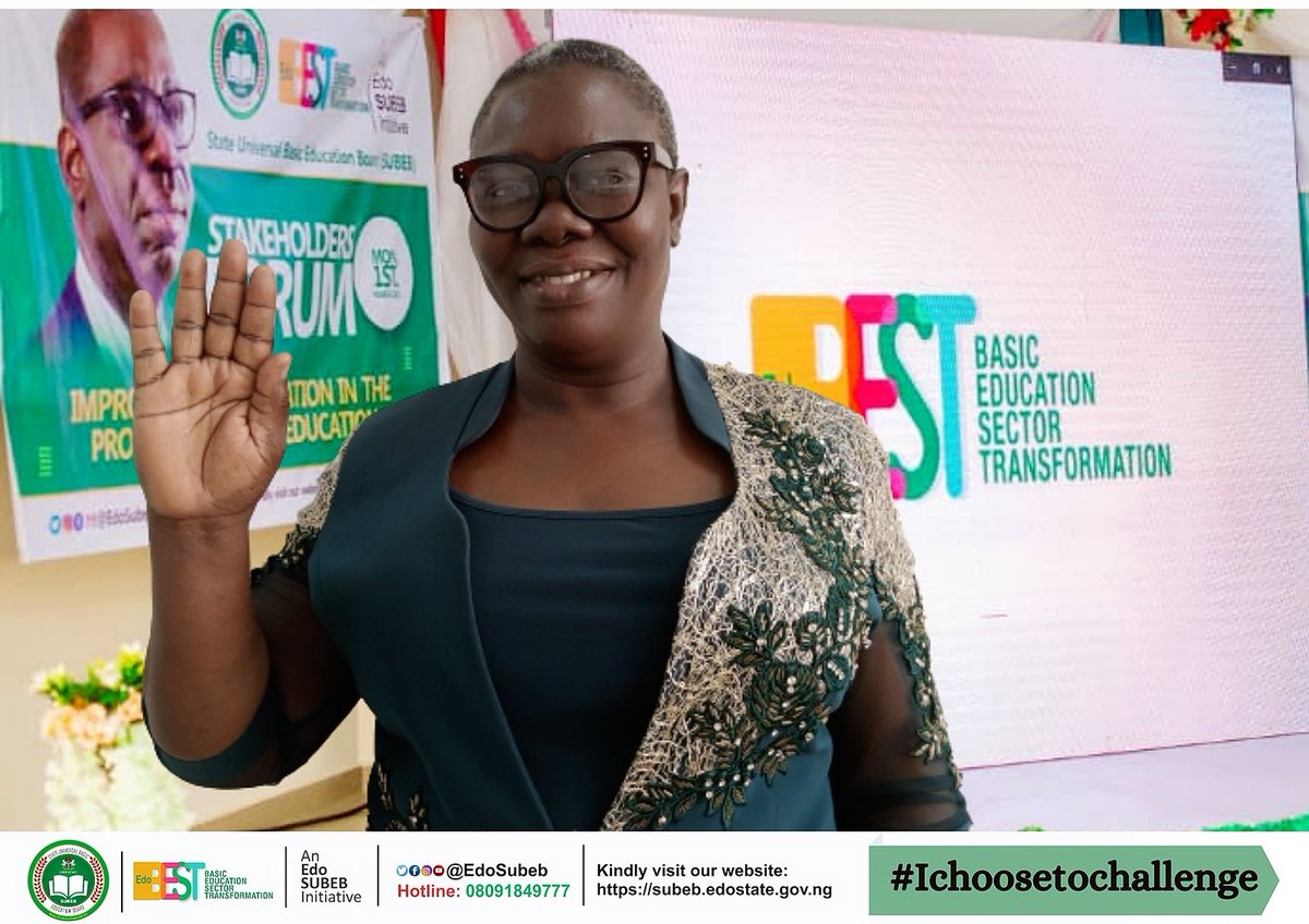 I am a woman of substance, strength and vigor. I  choose to promote equity of access to quality basic education, to eradicate learning poverty, and to support teachers development and involvement in our EdoBEST schools. 

#EdoBEST
#Ichoosetochallenge
#eradicatinglearningpoverty