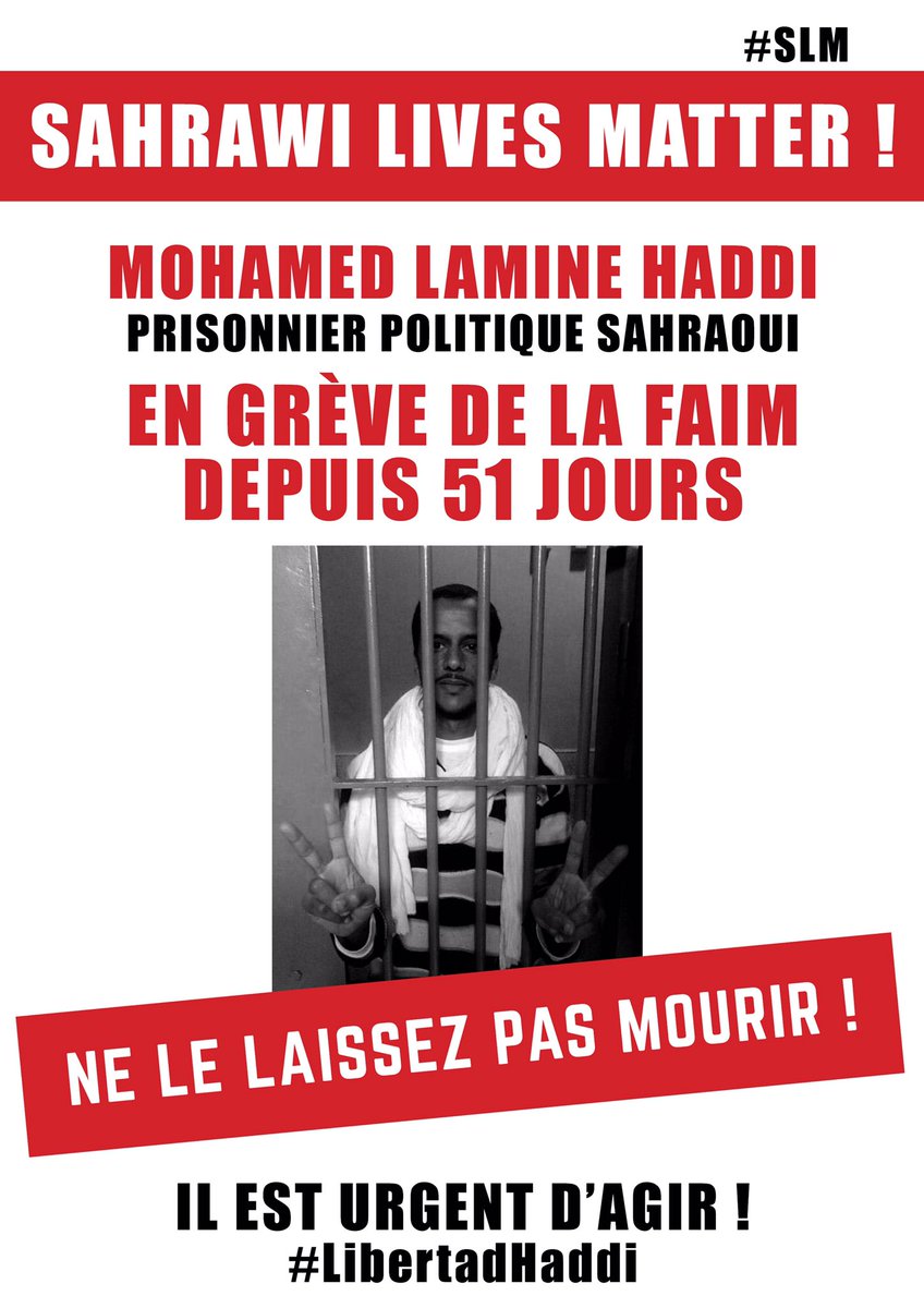 La vie du journaliste et prisonnier politique Mohamed Lamine Haddi est en danger. En grève de la faim depuis 51 jours, en isolement, sans assistance médicale, interdit de visite familiale. #LibertadHaddi #sahara_occidental #westernsahara <a href="/LeMonde_Afrique/">Le Monde Afrique</a> @F24Afrique <a href="/RFIAfrique/">RFI Afrique</a>