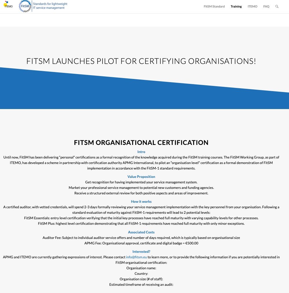 📢#FitSM launches pilot for "certifying organisations"! 🙌

<a href="/APMG_Inter/">APMG International</a> and #ITEMO are currently gathering expressions of interest for any organisation interested in certifying its #FitSM implementation

Read more at: fitsm.eu/organisational…

#ITSM #lightweight #certification