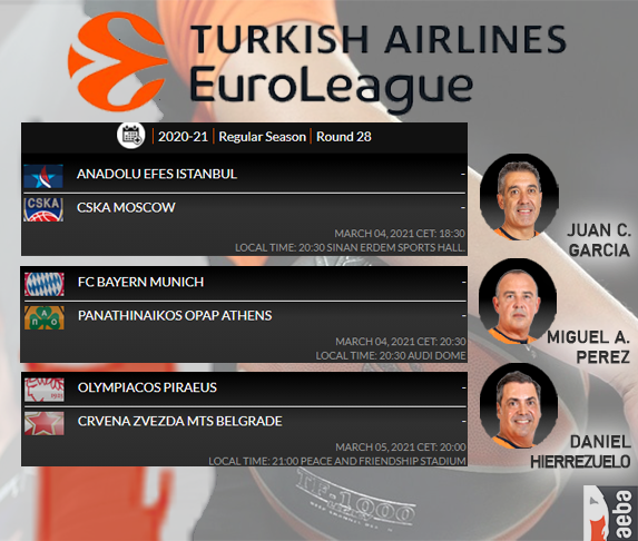 ArbitrosAEBA's tweet photo. Designaciones arbitrales 👉Regular Season @EuroLeague
📅 4 y 5 de Marzo
🏀 #EuroLeagueisBack #ArbitrosAEBA #Basketball #Refereelife #Round28 https://t.co/7nI6QPtWow