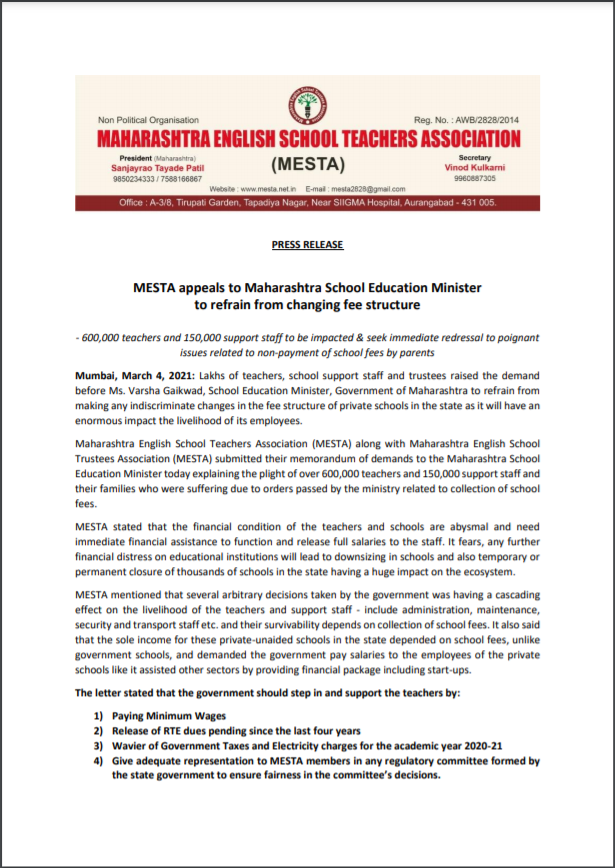 OfficialMesta's tweet photo. MESTA submitted their memorandum of demands to Maharashtra School Education Minister @VarshaEGaikwad  stating that financial condition of the teachers &amp; schools are abysmal &amp; need immediate financial assistance to function and release full salaries to the staff
#SaveOurTeachers https://t.co/PtNSQJpKVK