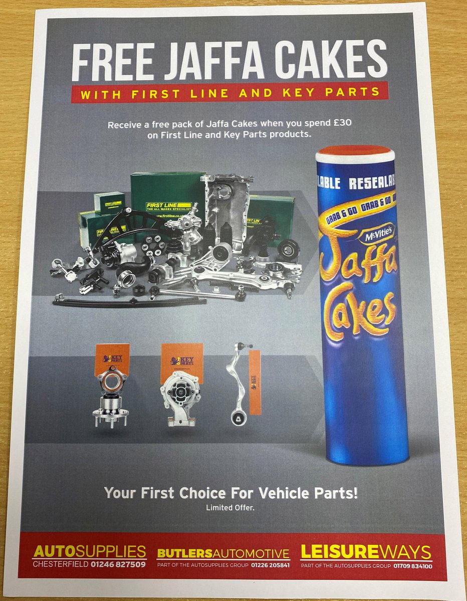 ButlersAuto's tweet image. Get a free pack of Jaffa Cakes when you spend £30 on any First Line and Key Parts products. Limited Time deal.