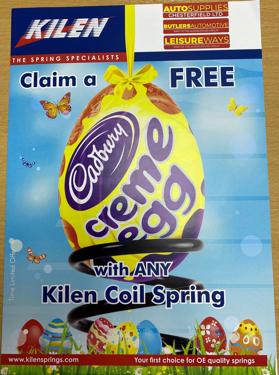 ButlersAuto's tweet image. Get a free Cadbury Creme Egg with any Kilen Coil Spring. 
Limited time offer.