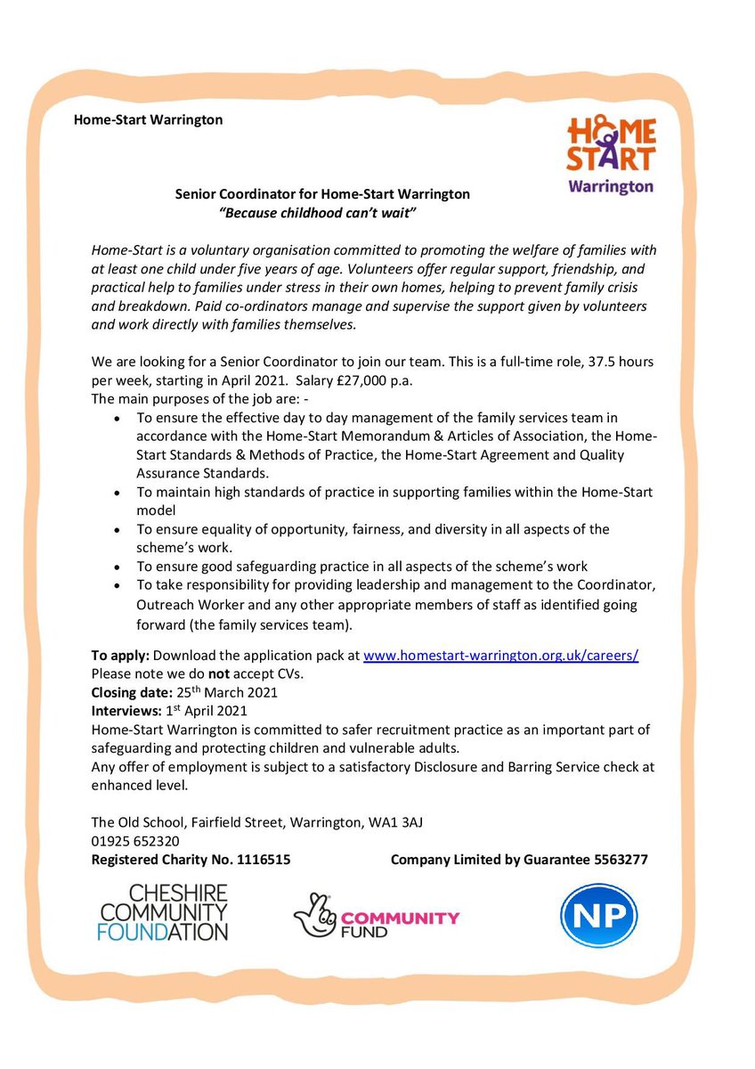 Great job opportunity for a senior coordinator. Please share! <a href="/WarringtonVA/">Warrington VA</a> <a href="/dadmattersuk/">dadmattersuk</a> <a href="/MoveMENt_WA/">MoveMENt_WA</a> <a href="/WDPcomms/">Disability Partnership #DAD2025</a> <a href="/WYC_official/">Warrington Youth Club - an OnSide Youth Zone</a> <a href="/Directions4Men/">DirectionsForMen</a> <a href="/HHOrfordPH/">Helping Hands Orford, Poplars and Hulme</a>