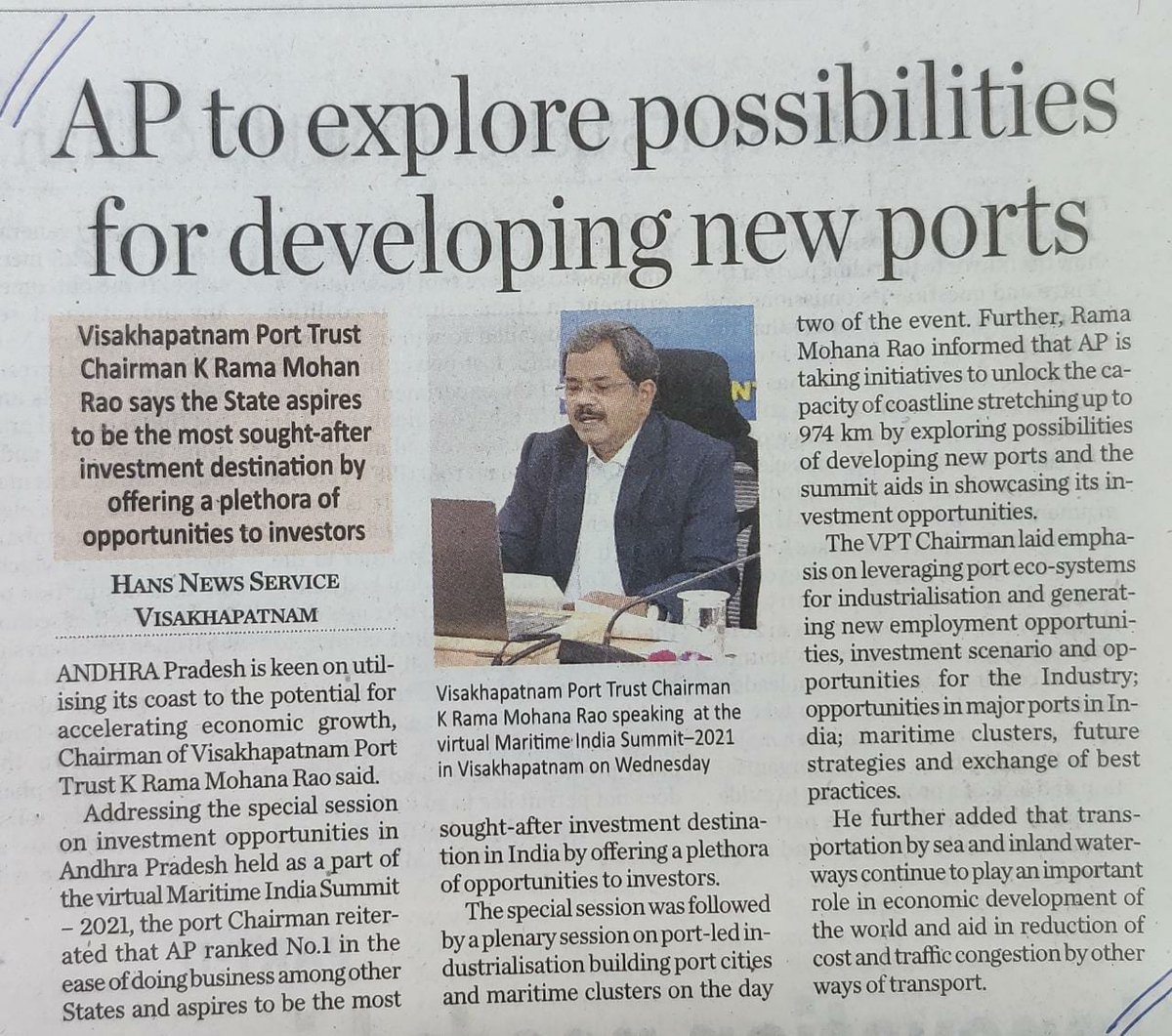 vptIndia's tweet photo. National and local media coverage on   investment opportunities in Andhra Pradesh in connection with Maritime India summit-2021 @ficci_india @shipmin_india #MaritimeIndiaSummit @InvestMaritime https://t.co/YYzzmNzLNH