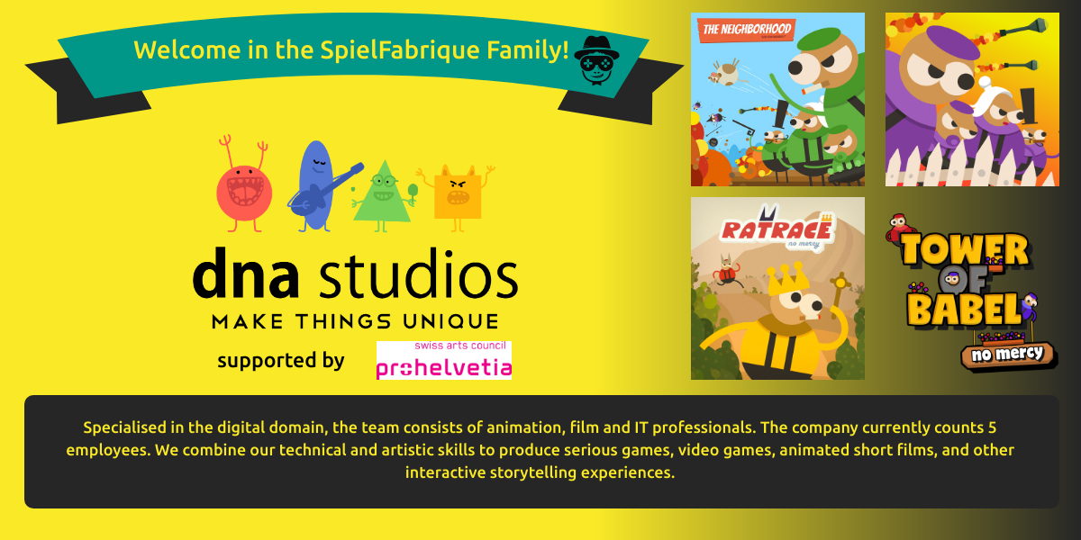 SpielFabrique's tweet photo. ๐ขSo happy to see the team of @DNAStudiosTwitt from #Switzerland and their funny and colourful universe of multi-player games join the #SFacceleration!
Welcome in the SpielFabrique Family! ๐คฉ๐๐ฅณ๐จ๐ญ
#SwissGames #prohelvetia #indiegames #gamedev https://t.co/8iPM5zTxvw