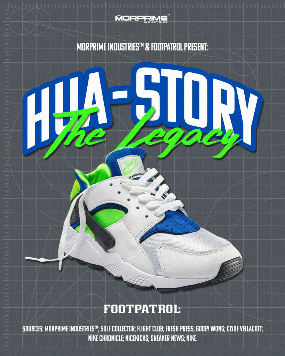 Footpatrol_ldn's tweet photo. To celebrate the upcoming launch of the Nike Air Huarache 'Scream Green', we sat down with @Morprime for a history lesson into this iconic silhouette. Read more: https://t.co/D7D48Q2oNx #Nike #NikeAir #NikeHuarache #Morprime #MorprimeIndustries https://t.co/UHyziHKQ51