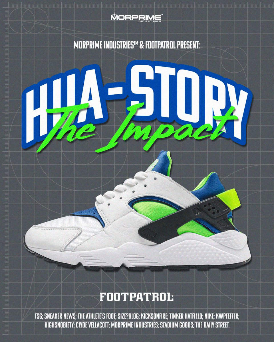 Footpatrol_ldn's tweet photo. To celebrate the upcoming launch of the Nike Air Huarache 'Scream Green', we sat down with @Morprime for a history lesson into this iconic silhouette. Read more: https://t.co/D7D48Q2oNx #Nike #NikeAir #NikeHuarache #Morprime #MorprimeIndustries https://t.co/UHyziHKQ51