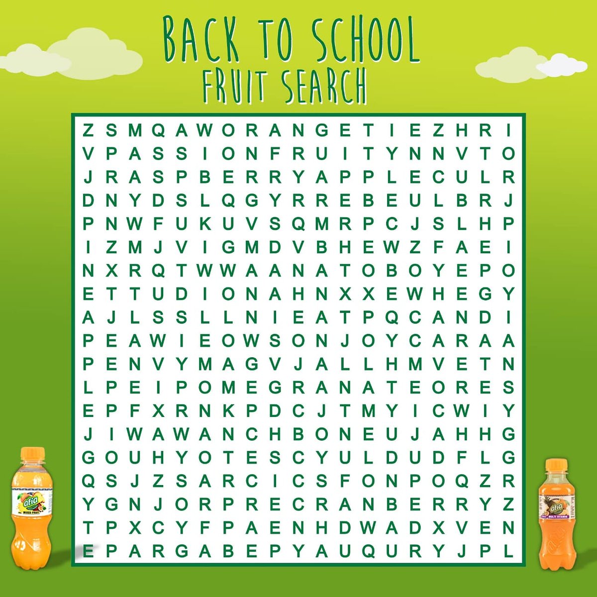 afia_ea's tweet photo. Masaa kama kawa ni ya back to school assignments na afia fruit juice. Jog your mind and boost your problem-solving skills with this word search. Fun for the whole family, brought to you by #afiajunior 300ml and #afiakapienga 200ml fruit juice. 
28 fruit names hidden in the puzzle https://t.co/So9AAtg88E