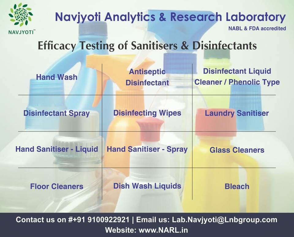 #EfficacyTesting of #Sanitisers & #Disinfectant
Hand Wash
Disinfectant Liquid Cleaner/Spray/Wipes
Hand/Laundry Sanitiser Liquid/Spray
Glass/Floor cleaners
Bleach

#TrustedResults at #NavjyotiLab

#laboratorytest #laboratorytesting #EfficacyTesting #SanitiserTesting