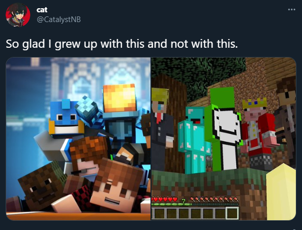 LandomLiam's tweet photo. I'm so glad I grew up doing this, not this. Now give me updoots - Minecraft Good, Fortnite Bad. Ya'll pathetic. https://t.co/0PfEr215Jf