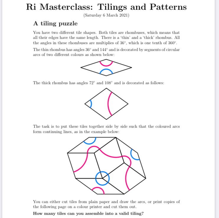WebbMaths's tweet photo. Another exciting #oumasterclass coming up this Saturday with @RealLateStarter and Reem Yassawi on Tilings and Patterns. A glimpse of their session can be seen here! Have a go if you fancy it. @OUMathsStats https://t.co/UgbrECLxGP