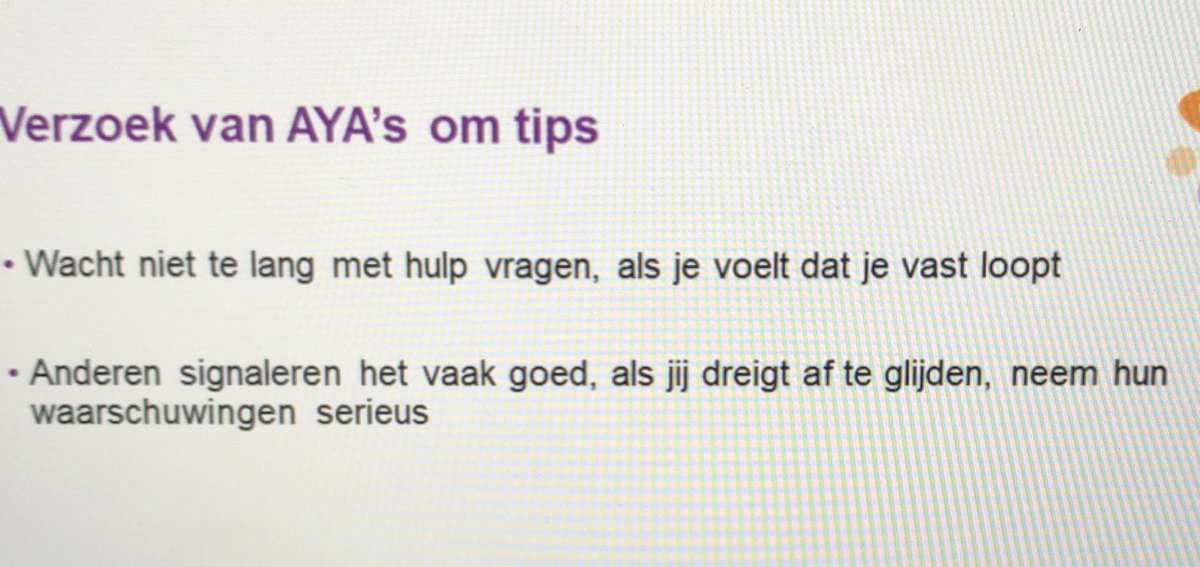 Mooie voordracht van <a href="/judithbprins/">judith.b.prins</a> over de psychosociale consequenties van kanker op #AYA leeftijd en tips hoe ermee om te gaan <a href="/AYAzorgnetwerk/">Nationaal AYA 'Jong & Kanker' Zorgnetwerk</a> <a href="/SPACE4AYA/">SPACE 4 AYA</a>