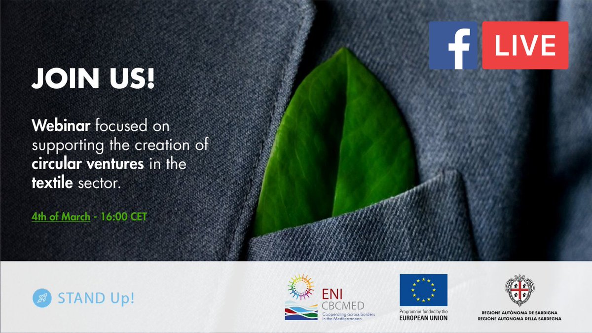 📢Reminder‼️🕟Webinar begins at 16pm - registration is required! 📝"Grow your circular business in the #textile and #fashion industry in the Mediterranean" #STANDUpAccelerator. It will be streamed on Facebook🎥

➕ Register here👇
📝bit.ly/3bGOoNa #GOMED #circulareconomy