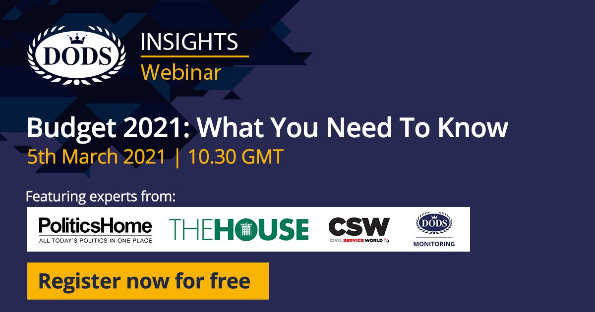 Tomorrow, leading political and policy experts @georginaebailey, <a href="/RichRJohnstone/">Richard Johnstone</a>, <a href="/Alain_Tolhurst/">Alain Tolhurst</a> and <a href="/MariaBuscaMB/">Maria Busca</a> will be joined by host @LauraHutch_Dods to discuss what #Budget2021 means for you, in the latest Dods Insights #webinar.

Register now: ow.ly/72pc50DPN0U