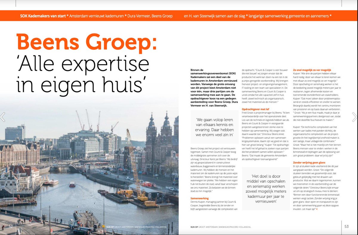 Primeur! 

Maar liefst zes pagina's in Kijk op Groot Amsterdam over Beens Groep, Dura Vermeer en H.J. van Steenwijk, de drie partijen die de komende decennia aan de slag gaan met de vernieuwing van 200 km aan kademuren in Amsterdam! 
issuu.com/ofbv/docs/koga… #kademuren #amsterdam