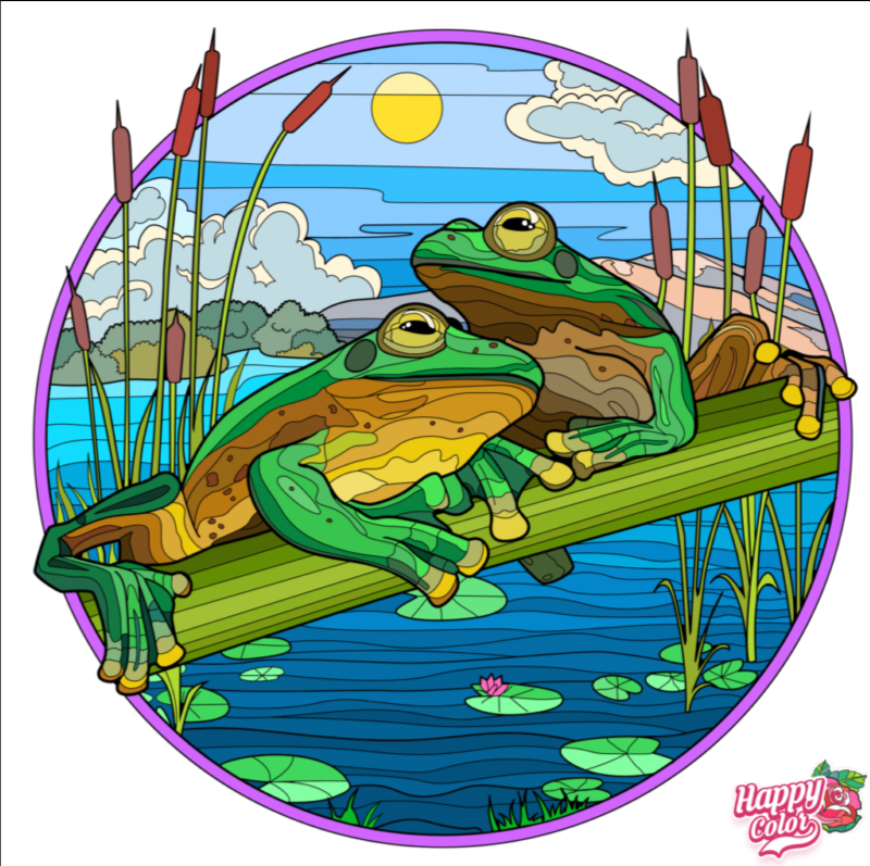 A thread of frogs. Pictures coloured using Happy Color App