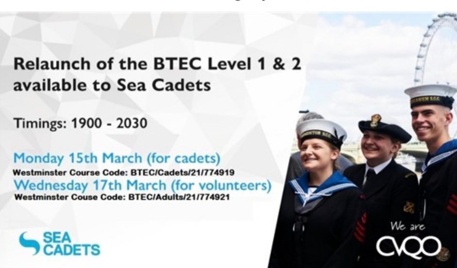 Don't forget to register 9n Westminster for the Relaunch of the BTEC L1 &amp; L2 with our special guest speakers Captain Sea Cadets, CEO CVQO, Deputy CEO CVQO, Head of Operations CVQO and our own HQDO and ASOs. <a href="/Captain_SCC/">Captain Sea Cadets</a> <a href="/SeaCadetsUK/">Sea Cadets</a> <a href="/CVQO/">Cadet Vocational College - the new name for CVQO</a> <a href="/GuyH9700/">Guy Horridge</a> open to all cadets &amp; volunteers