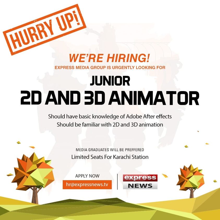 frfarahrahman's tweet image. #Karachi #ExpressNews #JuniorAnimator #JobAlert
Hiring For Junior 2D&amp;amp;3D Animator
Requirements:
1) Have basic knowledge of Adobe After effects.
2) Should be familiar with 2D &amp;amp; 3D Animation.
3) Media science grads will be preferred.
To apply, send your resumes at hr@expressnews.tv