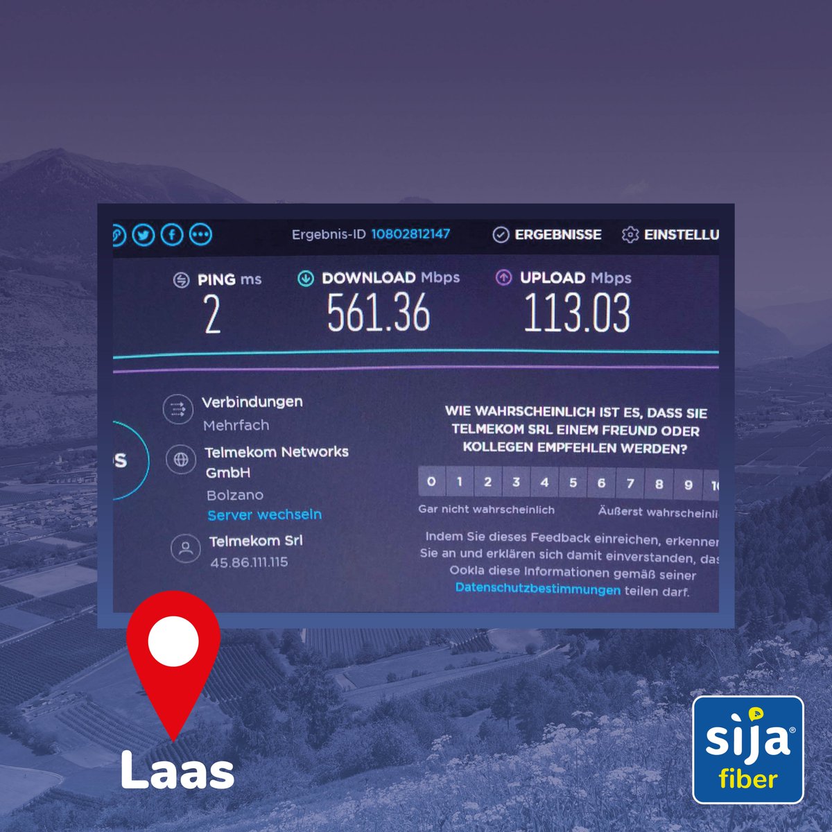 Einer unserer sìja fiber Kunden aus Laas hat seine #Internetgeschwindigkeit vom home-Paket gemessen. Mit einer Downloadrate von 561 Mbit/s ist er mehr als zufrieden! Willst auch Du so schnelles Glasfaser-Internet? Dann zögere nicht und melde Dich bei uns!
#sijafiber #glasfaser