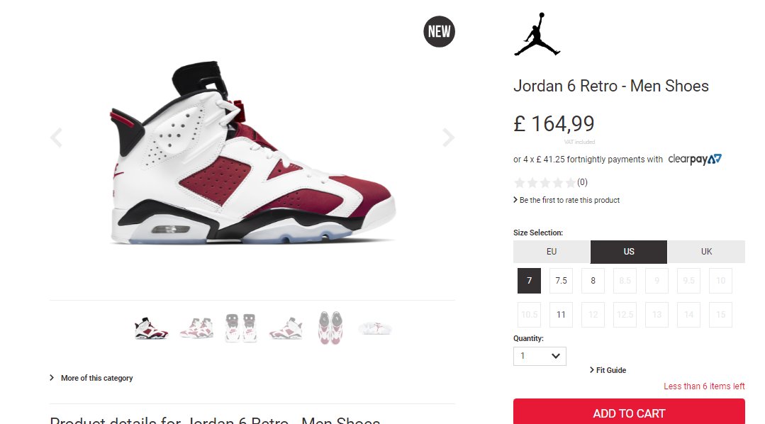 Few sizes restocked: Air Jordan 6 Retro 'Carmine' via Footlocker EU: