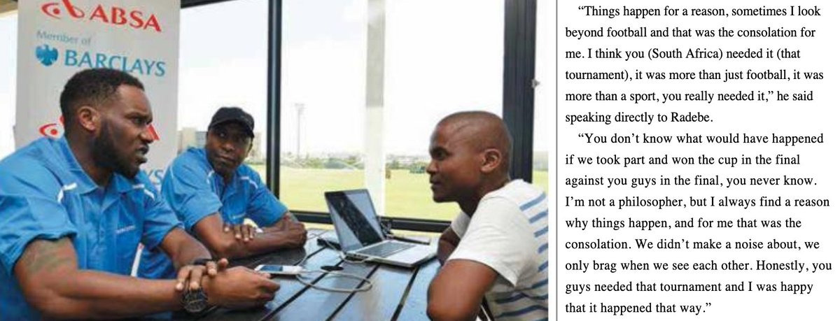 TaMjakaZA's tweet photo. Yoh, @IAmOkocha doesn't only dribble you on the pitch baba, but even with his answers.
Seriously, no #fakenews #nophotoshop even @LucasRadebe is in awe of just philosophical he broke down the disappointment of missing #AFCON96 #CAN96 #TBT https://t.co/P5YidfI4j5