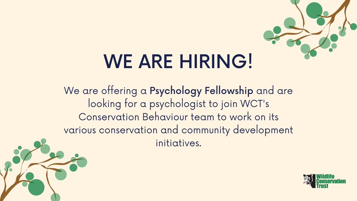 <a href="/WCT_India/">Wildlife Conservation Trust (India)</a> is hiring! We are offering a Psychology Fellowship and are looking for a psychologist to join WCT's #Conservation Behaviour team to work on its various conservation and community development initiatives. 

Last date to apply is March 20, 2021.

wildlifeconservationtrust.org/get-involved/c…