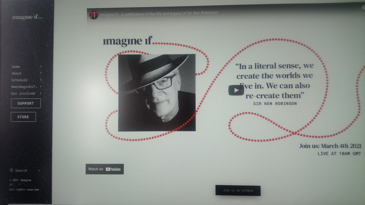 Imagine If... an online celebration of the life and work of Sir Ken Robinson PhD - fascinating schedule of curious nuggets keeping his work alive —started at 10 and running for 12hrs! Plan to dip in and out through the day! #weimagineif @nevergreyorg