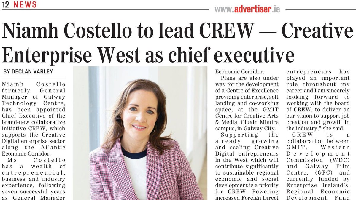 Thank you <a href="/galwayad/">Galway Advertiser</a> <a href="/declanvarley/">Declan Varley</a> for your support in spreading the news about CREW who will work with  stakeholders <a href="/GMITOfficial/">Hurling_Kerry</a> <a href="/WesternDevCo/">WesternDevelopment.ie</a> @galwayfilmcentr <a href="/UdarasnaG/">Údarás na Gaeltachta</a> <a href="/GreasanSkillnet/">Gréasán na Meán Skillnet</a> <a href="/leogalway/">Local Enterprise Office Galway</a> <a href="/TG4TV/">TG4</a> to grow &amp; scale Creative Digital Entrepreneurs
👉bit.ly/3sOVVAx