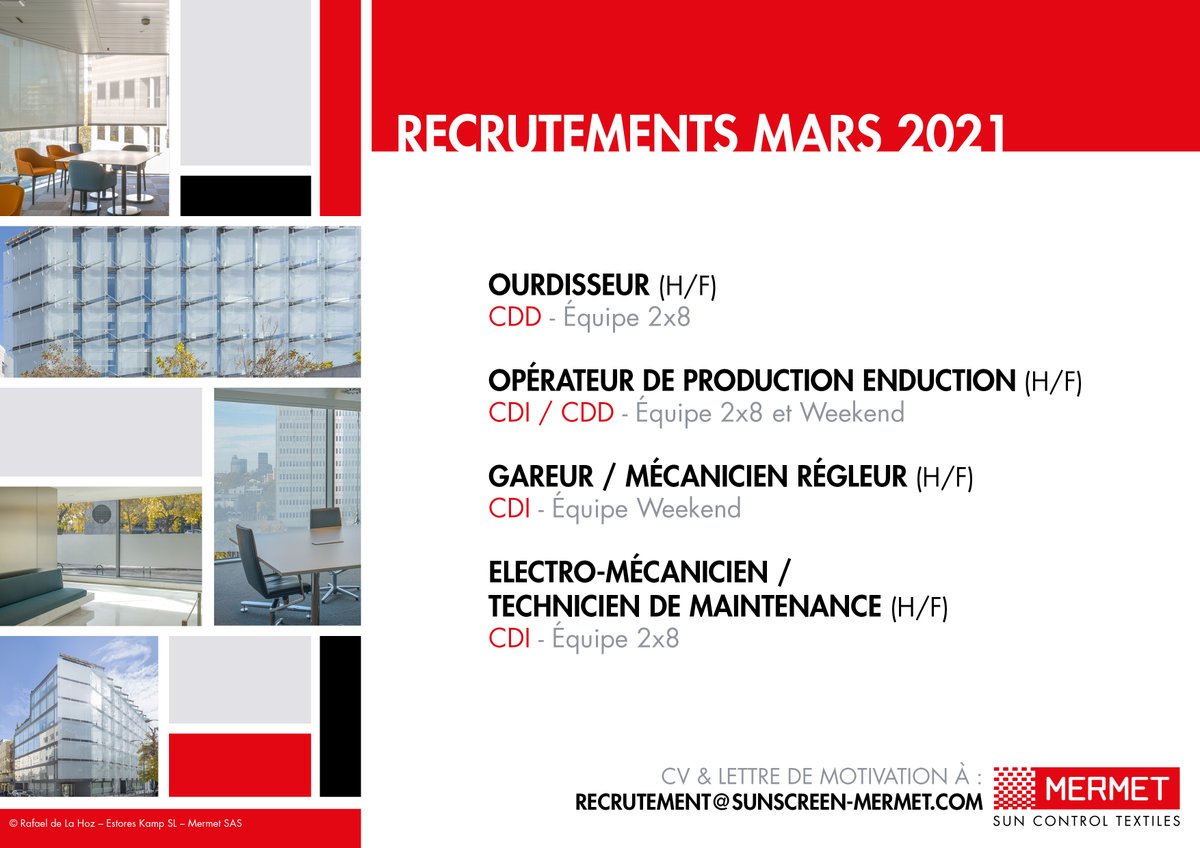 <a href="/MermetSunscreen/">Mermet Sunscreen</a> recrute !
L’entreprise recherche ses futurs collaborateurs, alors n’hésitez plus et postulez à l’offre d’emploi qui vous correspond ! 
lnkd.in/edfmqua

#recrutement #textile