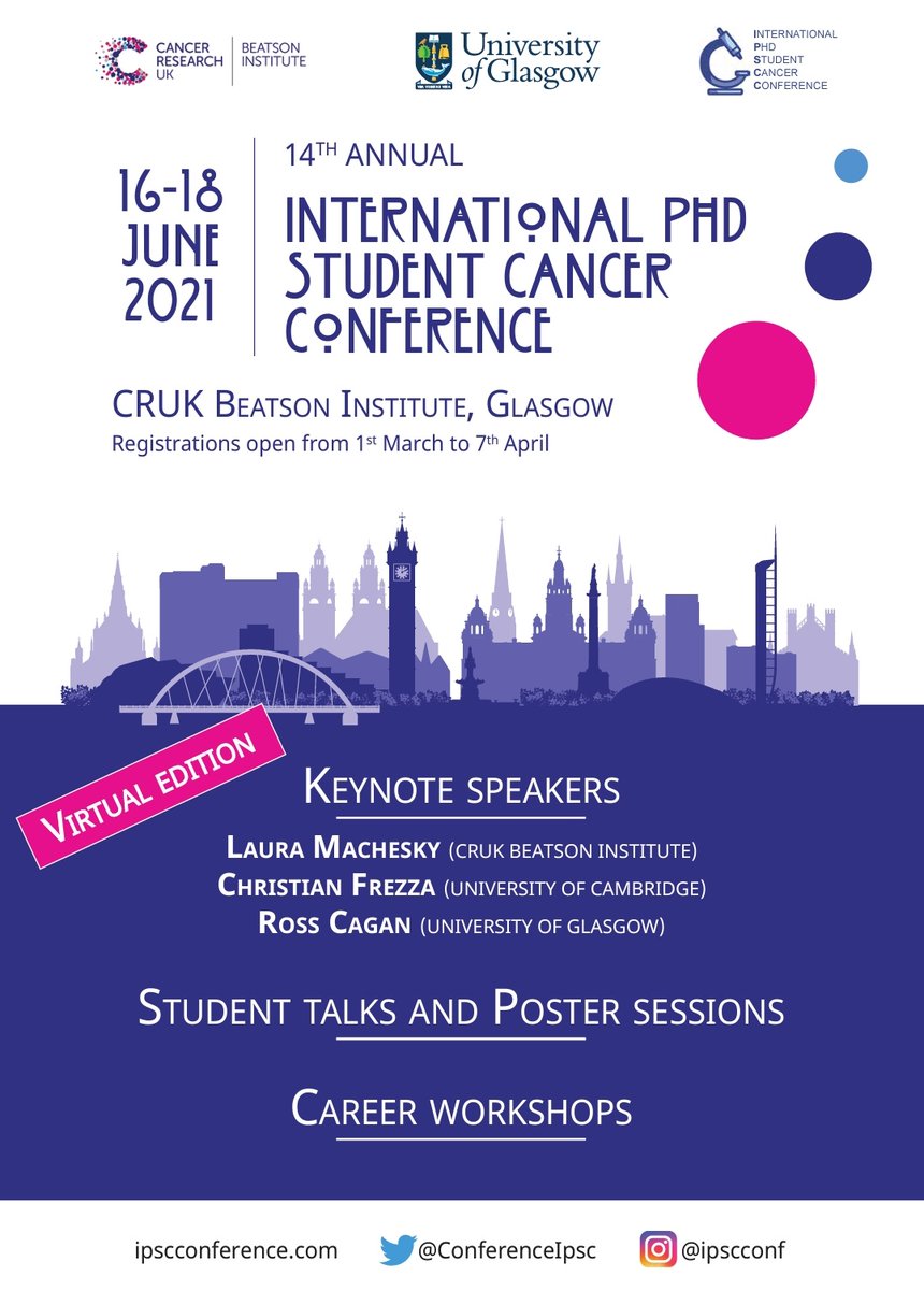 IPSCC Conference (@ipscconf) on Twitter photo We are back! Come and join us for a virtual edition of IPSCC. We have a great line up of keynote speakers <a href="/LMachesky/">Laura Machesky</a> <a href="/FrezzaLab/">FrezzaLab</a> <a href="/RossCagan/">Ross Cagan</a> as well as student talks,poster sessions,career workshops and virtual social events! The registration is open now!
<a href="/CR_UK/">Cancer Research UK</a> @CRUK_BI <a href="/UofGMVLS/">UofG MVLS</a> We are back! Come and join us for a virtual edition of IPSCC. We have a great line up of keynote speakers <a href="/LMachesky/">Laura Machesky</a> <a href="/FrezzaLab/">FrezzaLab</a> <a href="/RossCagan/">Ross Cagan</a> as well as student talks,poster sessions,career workshops and virtual social events! The registration is open now!
<a href="/CR_UK/">Cancer Research UK</a> @CRUK_BI <a href="/UofGMVLS/">UofG MVLS</a>