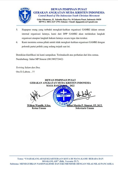 PDemokrat's tweet photo. Dewan Pimpinan Pusat Gerakan Angkatan Muda Kristen Indonesia (GAMKI) menegaskan tidak terlibat dalam polemik partai politik. https://t.co/X8samicte2