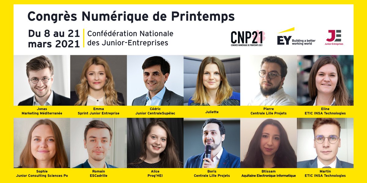 Notre team <a href="/EYRecrute/">EY Recrute</a> est prête pour le Congrès Numérique de Printemps de la <a href="/cnje/">Junior-Entreprises</a> du 8 au 21 mars 🌺 Nous avons hâte de retrouver les Junior-entrepreneurs pour la plénière et lors de nos sept créneaux de formation ! #WeareJE #CNP21 #tellmEY