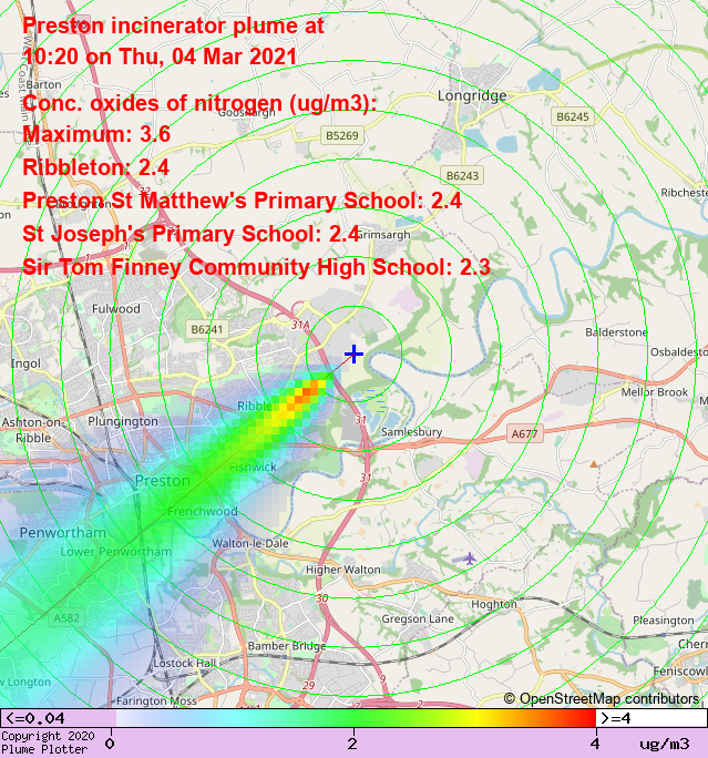 Latest Preston incinerator plume plot, 10:20 04/03/21 #Ribbleton #LowerPenwortham #MiddleforthGreen plumeplotter.com/preston/