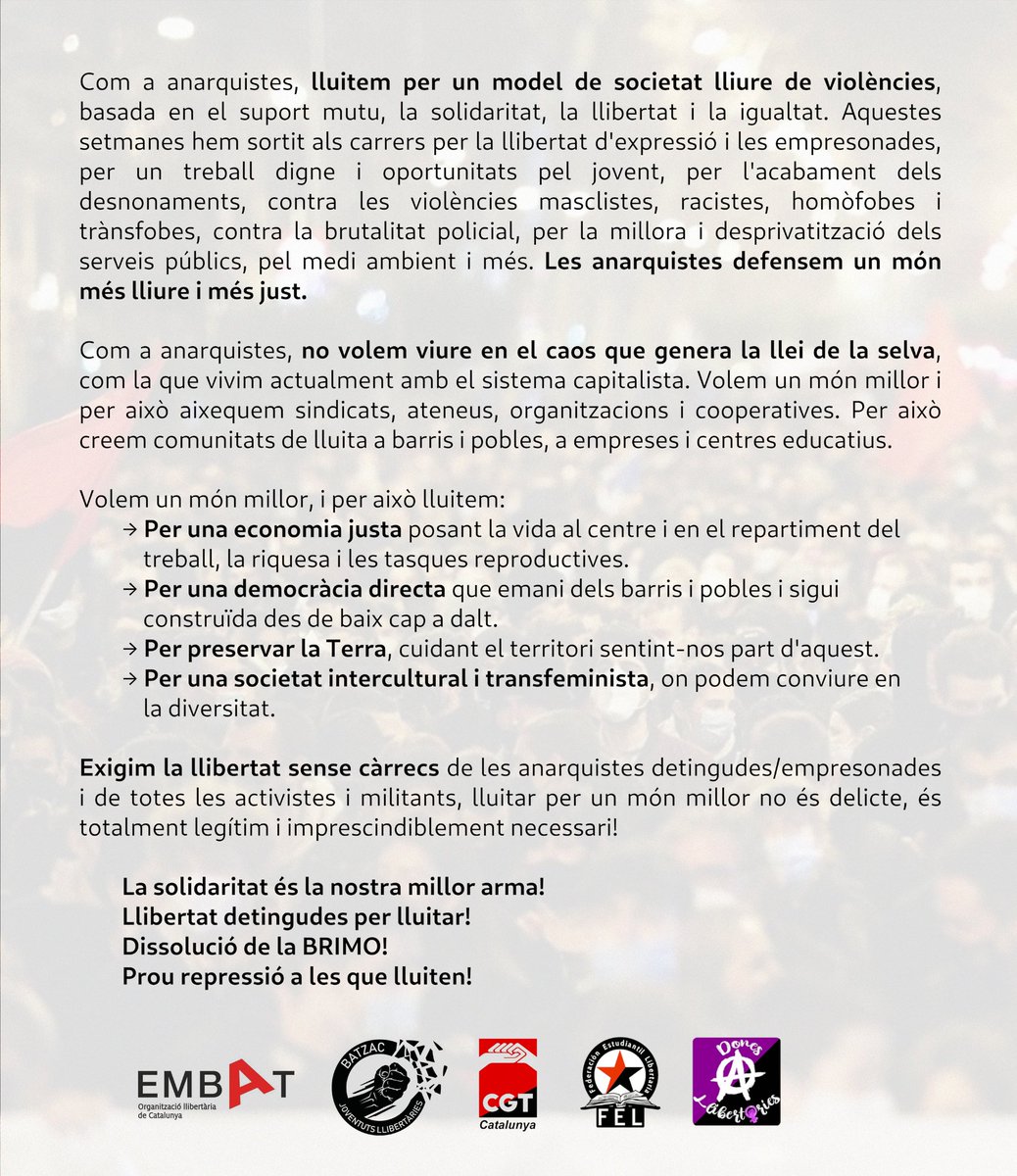 🔴⚫️📢COMUNICAT CONJUNT CONTRA LA REPRESSIÓ I LA CRIMINALITZACIÓ DE L'ANARQUISME

 La solidaritat és la nostra millor arma! 
Construïm la solidaritat, construïm l'alternativa! 
Prou repressió a les que lluiten! 

🏴🏴🏴assllibertariafeluab.noblogs.org/post/2021/03/0… 

#JoTambéSócAnarquista