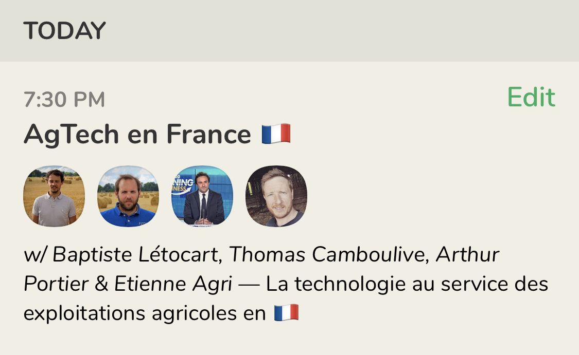 🚀 RDV ce soir à 19h30 pour notre 2ème #room sur #ClubHouse !

On va parler #AgTech en France 🇫🇷
w/<a href="/tcambou/">Thomas Camboulive</a> - <a href="/PortierArthur/">Arthur Portier</a> - <a href="/agrikol/">Etienne Agri</a> et vous !

📲 Si vous avez un #Iphone mais pas encore d'invitation, je peux vous aider : contactez-moi en mp 😉