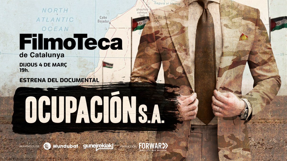 Ens il·lusiona que aquest vespre (19h) es presenti el documental "Ocupación S.A." a la <a href="/filmotecacat/">Filmoteca Catalunya</a>. 
Co-dirigit per <a href="/lauradauden/">✳️ Laura Dauden #RegularizaciónYa</a> i <a href="/sebaprensa/">Sebastián Ruiz-Cabrera</a>, esperem que contribueixi a visiilitzar la vulneració de #DDHH als territoris ocupats de #SàharaOccidental...
👉filmoteca.cat/web/ca/film/oc…