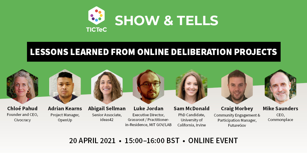 mySociety's tweet image. At our 2nd #TICTeC Show &amp;amp; Tell, expert speakers from @Civocracy @OpenUpSA @ideas42 @grassrootza @FutureGov @UCIrvine @Cmnplace will share their research &amp;amp; lessons learned regarding online #citizenengagement projects ow.ly/wFQs50DNPFF #civictech #opengov #citizenassemblies