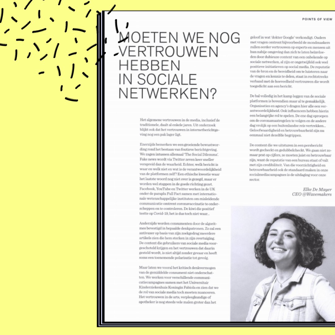Wavemakers_eu's tweet image. Wavemakers founder @DeMayerElke deelt in PUB Magazine haar point of view over sociale netwerken: “De bal volledig in het kamp leggen van de sociale platformen is bovendien maar al te gemakkelijk. Organisaties en agency’s dragen hier alle een verantwoordelijkheid.” 👇