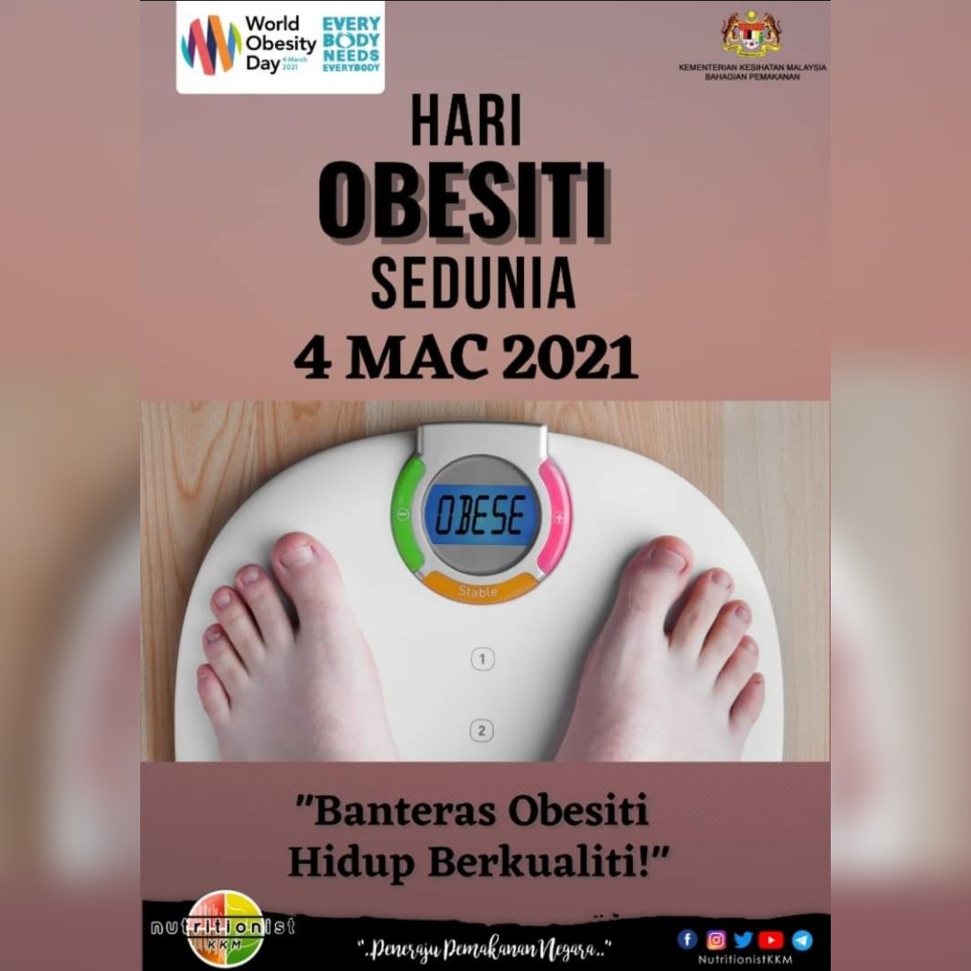 BhgPemakananKKM's tweet photo. 1 daripada 2 atau 50% orang dewasa di Malaysia BERLEBIHAN BERAT BADAN atau OBES❗ Tinjauan Kebangsaan Kesihatan Dan Morbiditi 2019 (NHMS 2019)

Kesedaran bermula daripada DIRI ANDA sendiri..

JOM UBAH!

#HariObesitiSedunia
#4mac
#NHMS2019
#obeitibukanaku
#NutritionistKKM https://t.co/PtBZI3Ggtj
