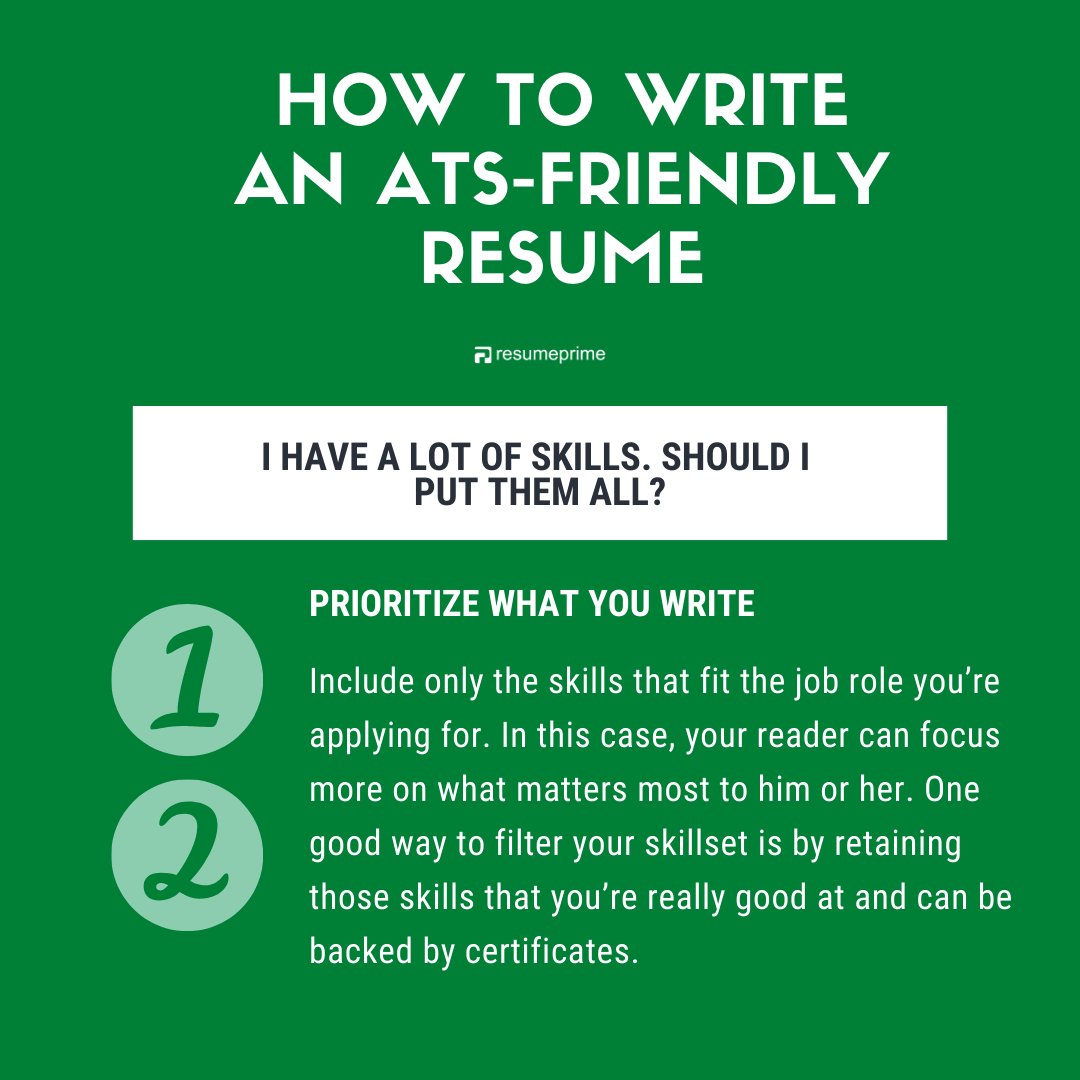 resumeprime's tweet image. Include only the skills that fit the job role you’re applying for. Know how to get your resume pass the ATS algorithms. #contentchecker #ATSresume #jobsearch #jobhunt #careeropportunities #interviewskills #ATS #recruitmenttrends #resumewriting