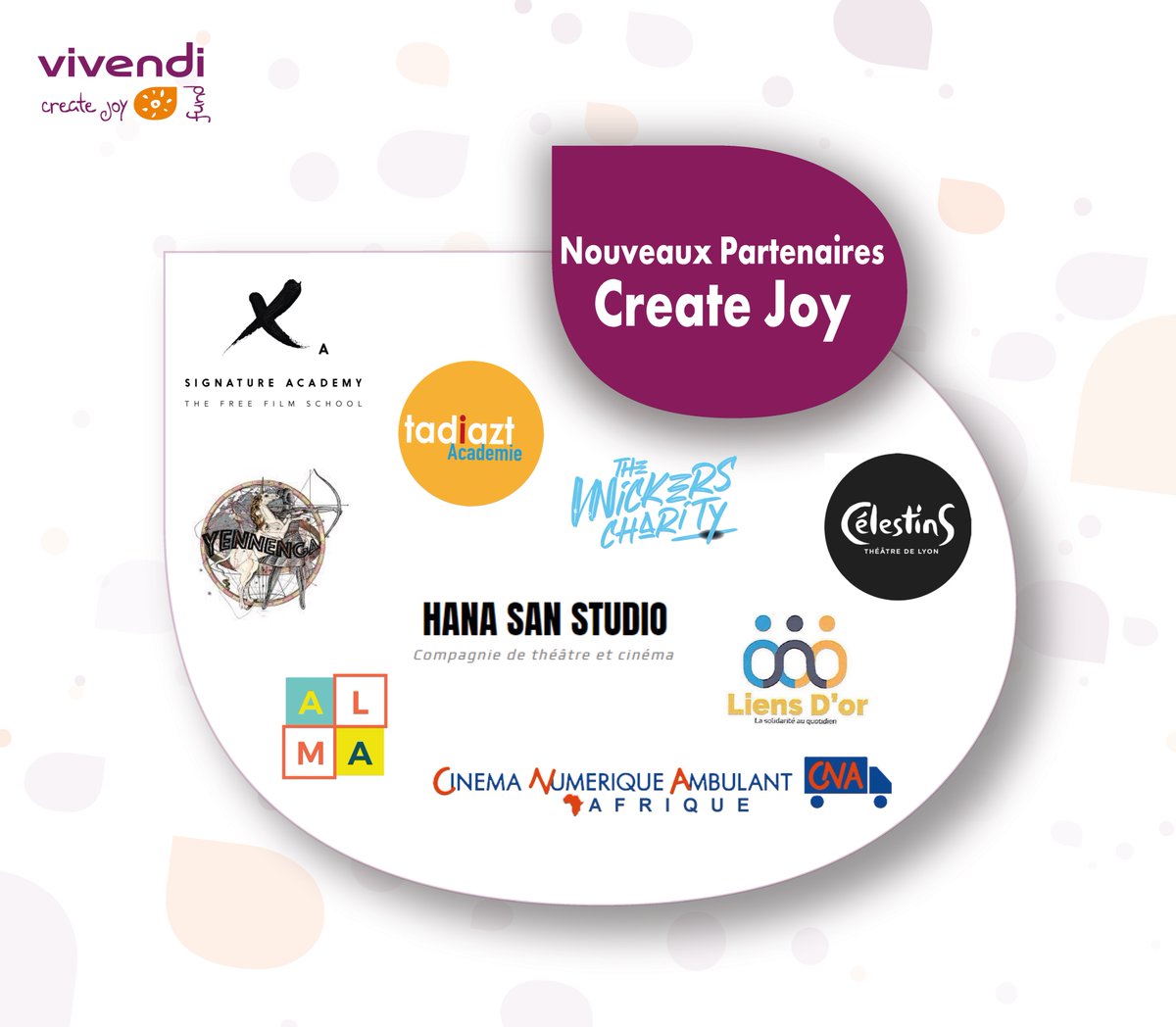 #NouveauxPartenaires🤝

Bienvenue aux petits nouveaux de la famille #CreateJoy✨

Le <a href="/CentreYennenga/">Yennenga Cinema Center</a> , #HanaSanStudio , <a href="/WickersThe/">The Wickers Charity</a> , Les Ateliers Kalati by Liens d’Or, <a href="/celestins/">Celestina Santillanes</a> - Théâtre de Lyon, Le Cinéma Numérique Ambulant - Togo, <a href="/INFOTADIAZT/">TADIAZT</a> et la @FederationAlma✨