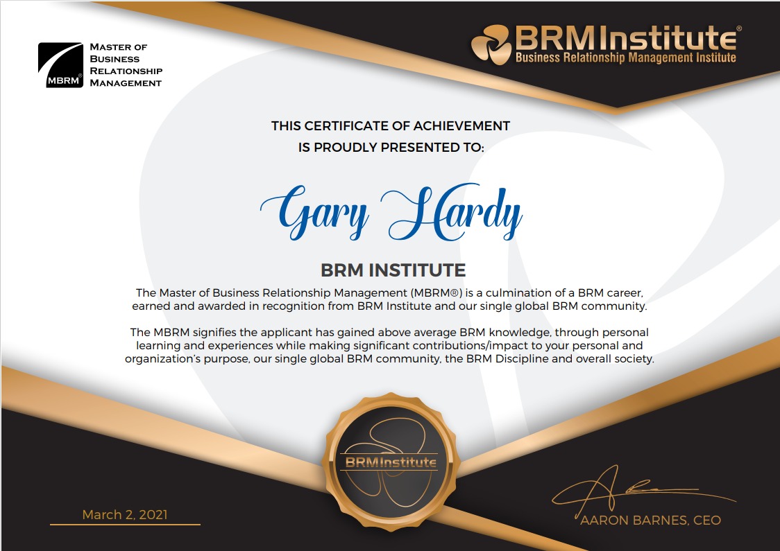Proud to say I am now a MBRM,  the first outside the US.  Calling all BRMs - build up certificates of experience to show your personal success with the ground breaking BRM capability, and complete CBRM, then it is a short step to MBRM! <a href="/BRMInstitute/">BRM Institute</a>  <a href="/ITWinners/">ITWinners</a>