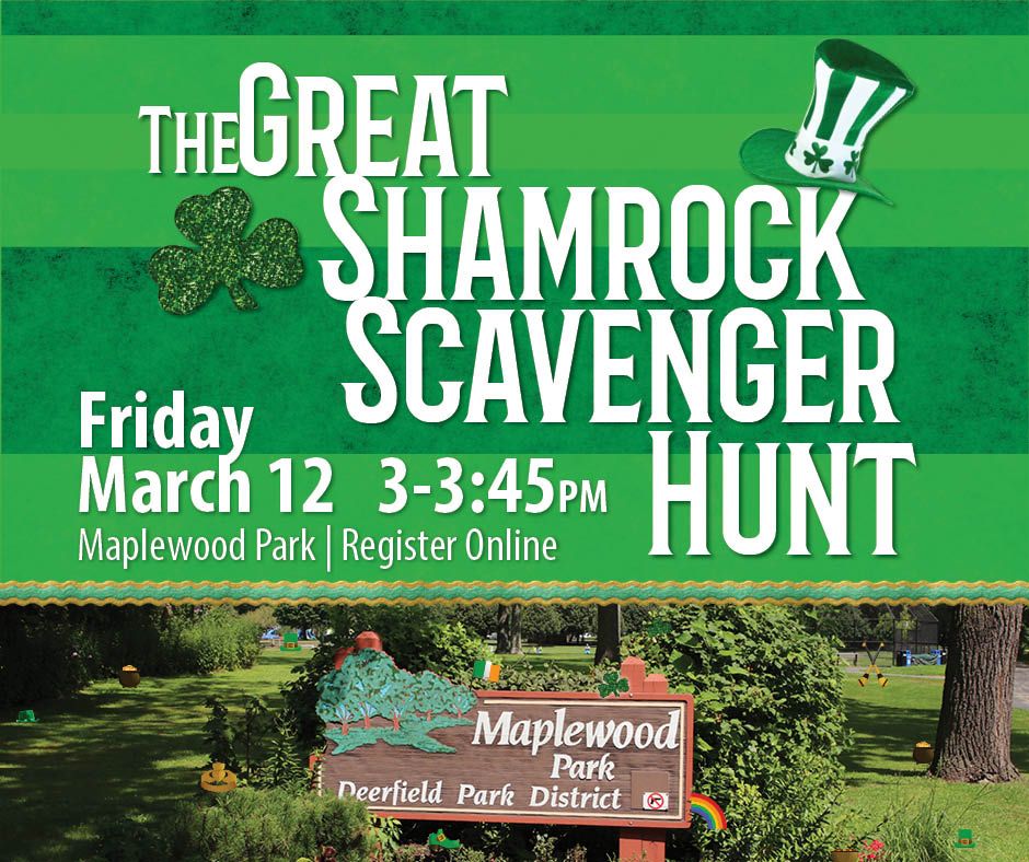 Leaping Leprechauns! Lucky, the mischievous park district Leprechaun, will visit Maplewood Park and set up a scavenger hunt. Don your favorite green clothing and bring your favorite mystery-solving adult sidekick for an afternoon of fun! 
Register now! bit.ly/2MAeetS