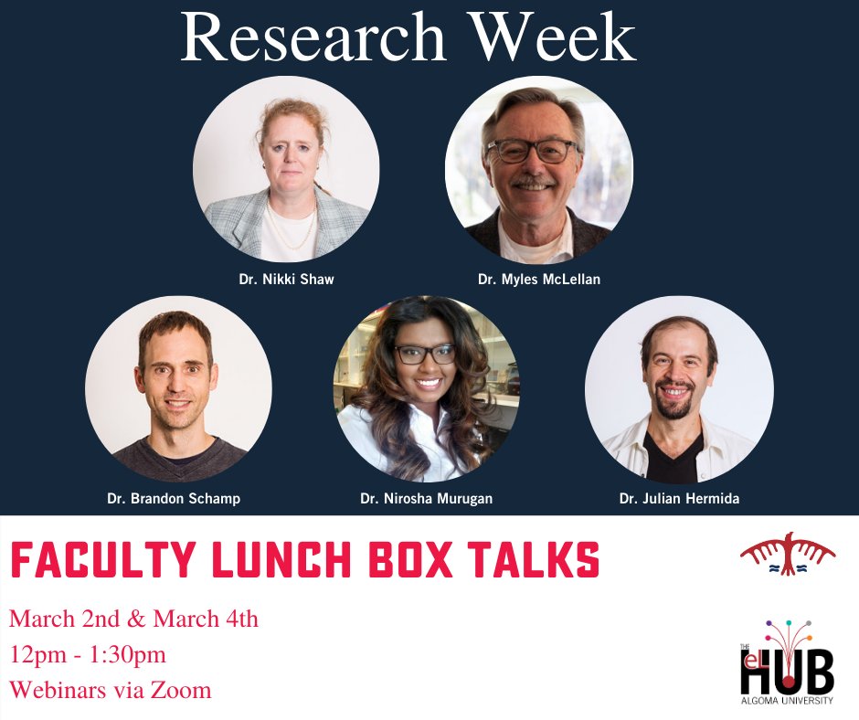 AU RESEARCH & INNOVATION (@algomaresearch) on Twitter photo Participate in Research Week with Faculty Lunch Box Talks! Each 15-minute session offers a unique opportunity to learn about research at AU and a chance to ask live questions!
Join us today from 12pm - 1:30pm.
auresearchweek.com
#AUResearchWeek2021
<a href="/AlgomaU/">Algoma University</a> Participate in Research Week with Faculty Lunch Box Talks! Each 15-minute session offers a unique opportunity to learn about research at AU and a chance to ask live questions!
Join us today from 12pm - 1:30pm.
auresearchweek.com
#AUResearchWeek2021
<a href="/AlgomaU/">Algoma University</a>