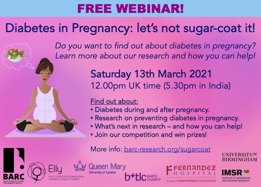 Have you had diabetes diagnosed for the first time in pregnancy?

Know someone with diabetes?

Join us on 13th March, 12-1pm GMT for our free webinar to learn about the condition and our research!

Everyone welcome:
barc-research.org/sugarcoat

#gestationaldiabetes
#sugarcoat2021