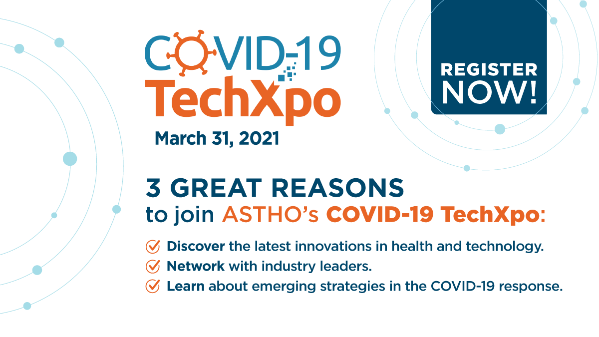 ASTHO's tweet photo. Will you be at the #ASTHOTechXpo? On Mar. 31, public health leaders and tech experts are gathering to discuss everything COVID-19, public health, and tech-related. If you haven’t already, register here to attend the COVID-19 TechXpo: https://t.co/Es36NgZCDJ. https://t.co/kuxGiacdHn